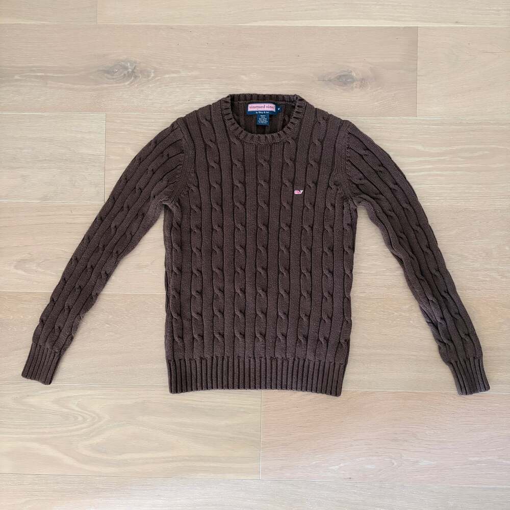 Vineyard Vines Brown Cable Knit Pink Whale Sweater Medium/Small y2k